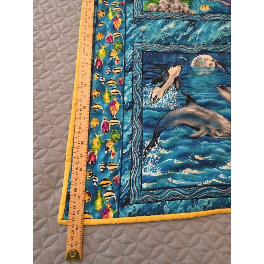 Handmade Crib Lap Blanket Ocean Life Dolphins Whales Blue Yellow 42